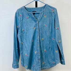 Talbots Women’s Denim Button Down Blouse Shirt Size M Long Sleeve Embroidery